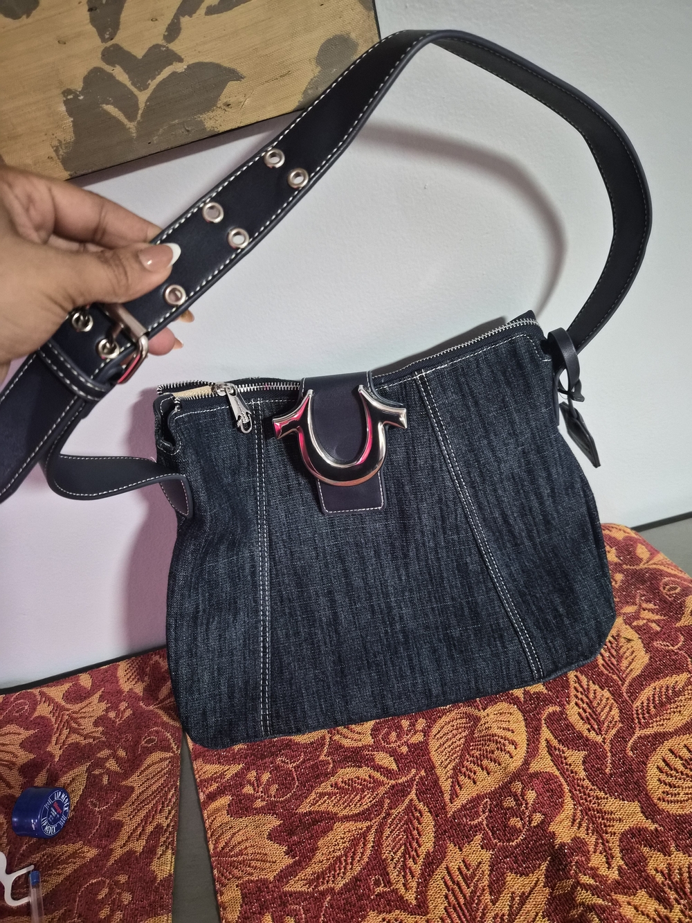 Black Denim Shoulder Bag with Silver Hardware